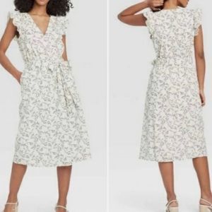 A New Day White and Black Floral Faux Wrap Midi Dress